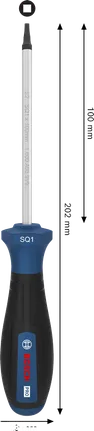 Obeng Bosch PRO SQ1 x 100 mm dengan gagang ergonomis.